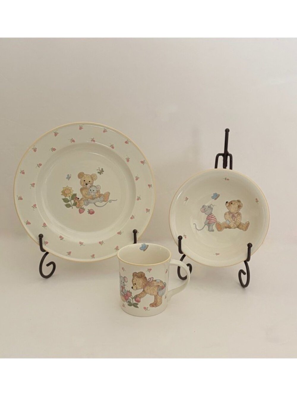 Vintage MIKASA Teddy Bear Plate Bowl Mug Set Strawberry Fruit Mouse Floral
